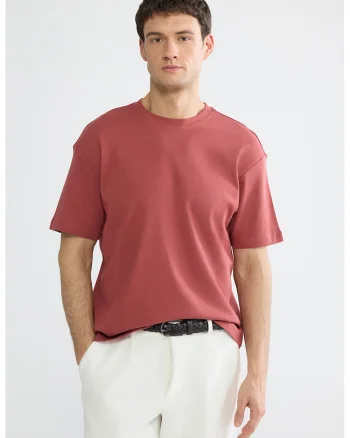 Tricou din bumbac cu decolteu la baza gatului, Coral