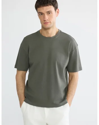 Tricou din bumbac cu decolteu la baza gatului, Kaki