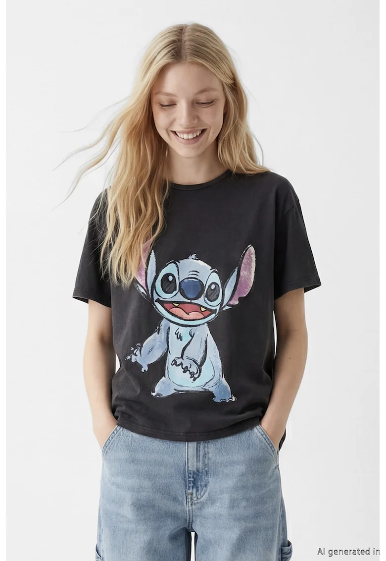 Tricou de bumbac cu imprimeu Stitch, Negru stins/Albastru