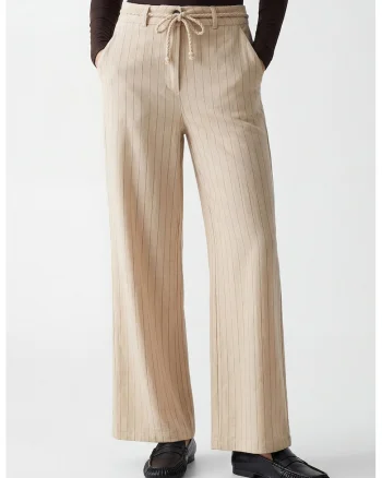 Pantaloni drepti cu dungi si cordon, Bej deschis