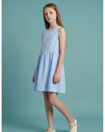 Rochie de bumbac cu model floral, Alb/Albastru pastel/Bleumarin