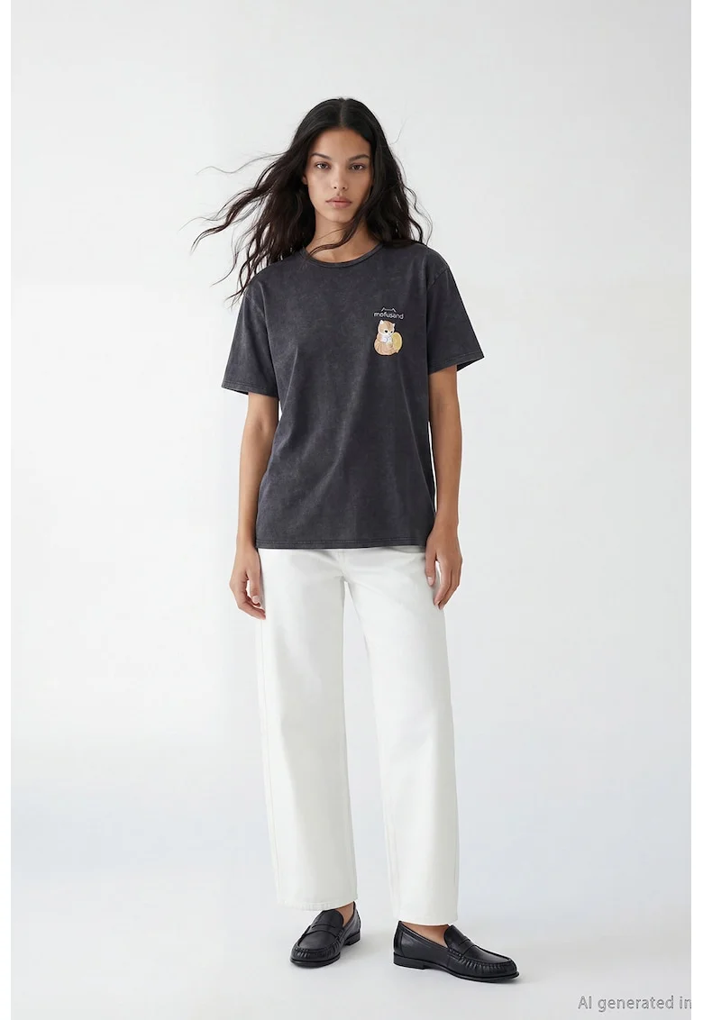 Tricou cu imprimeu cu pisici, Portocaliu pal/Gri inchis