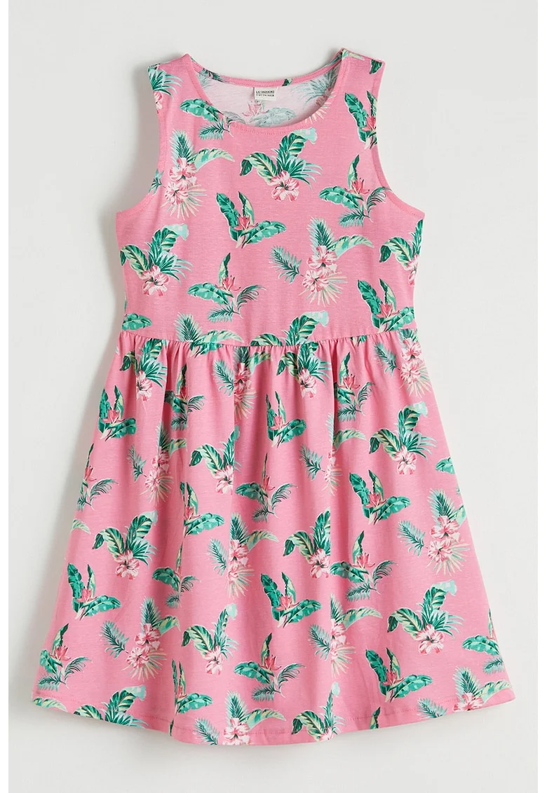 Rochie evazata fara maneci din bumbac, Roz aprins/Verde aquamarin