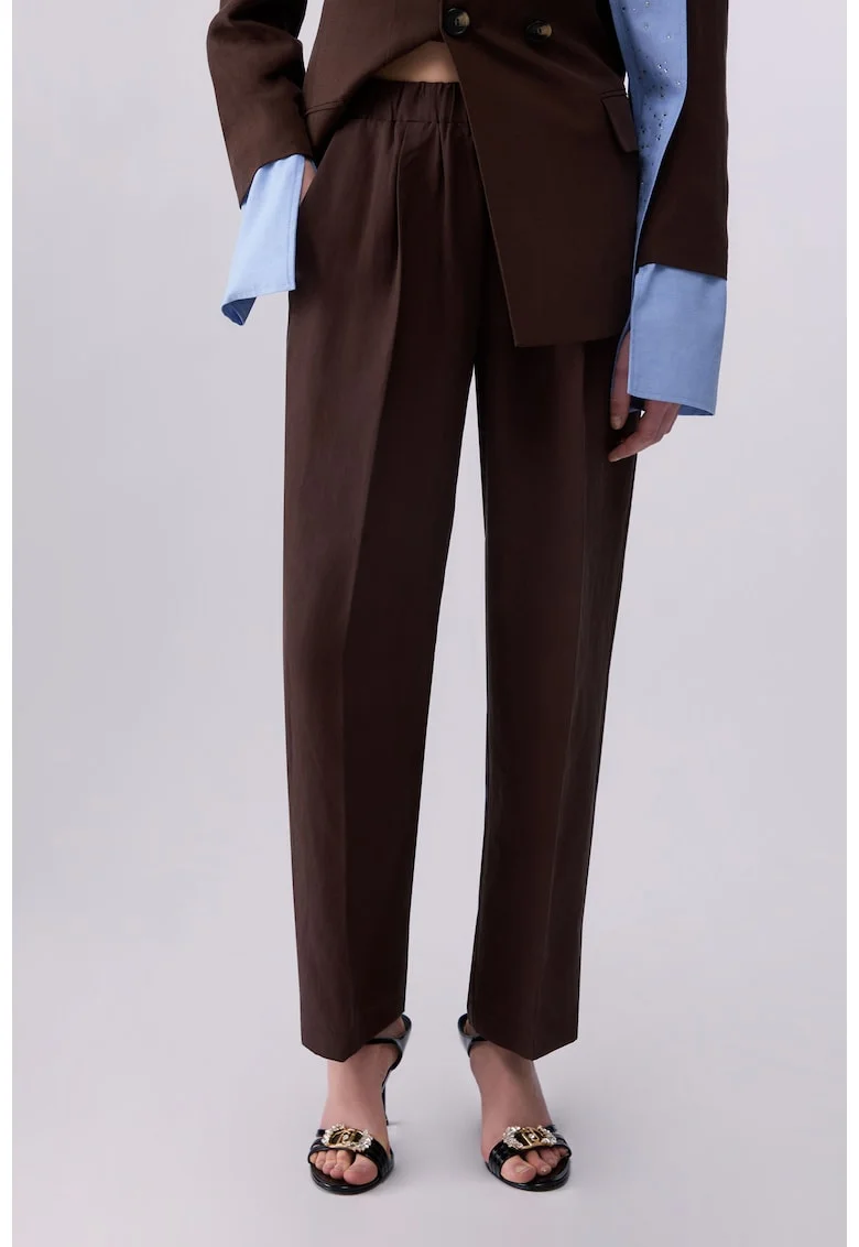 Pantaloni din amestec de in si lyocell cu talie elastica, Maro