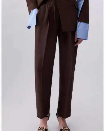 Pantaloni din amestec de in si lyocell cu talie elastica, Maro