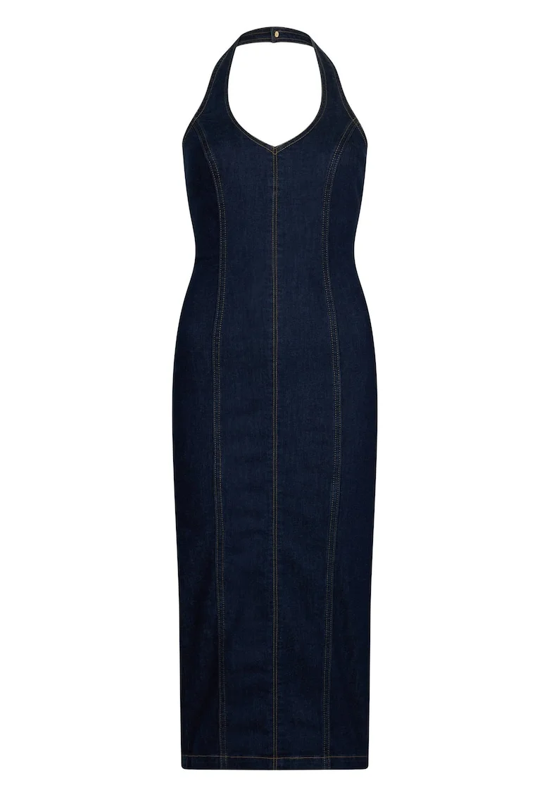 Rochie midi cambrata din denim cu slit pe partea din spate, Albastru ultramarin