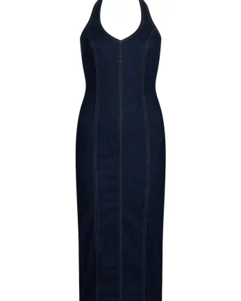 Rochie midi cambrata din denim cu slit pe partea din spate, Albastru ultramarin