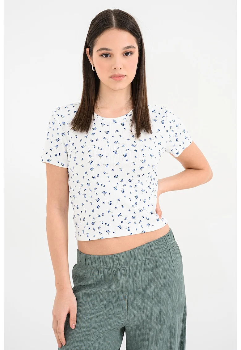 Tricou crop din amestec de bumbac organic cu imprimeu, Alb/Verde/Albastru