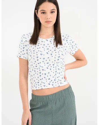 Tricou crop din amestec de bumbac organic cu imprimeu, Alb/Verde/Albastru