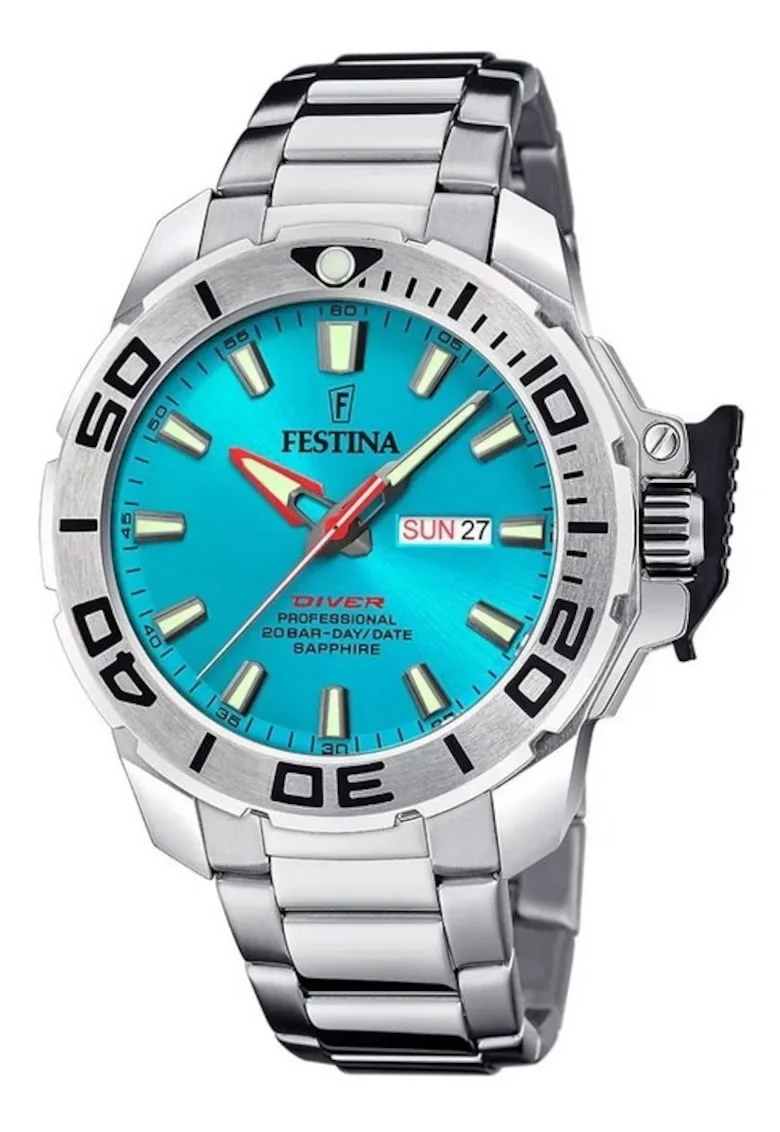 Ceas barbatesc  Diver, cadran turcoaz, curea din otel inoxidabil, 200m rezistenta la apa, cu curea suplimentara, 46x13mm