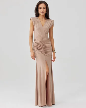 Rochie maxi drapata cu decolteu in V Noelia, Bej