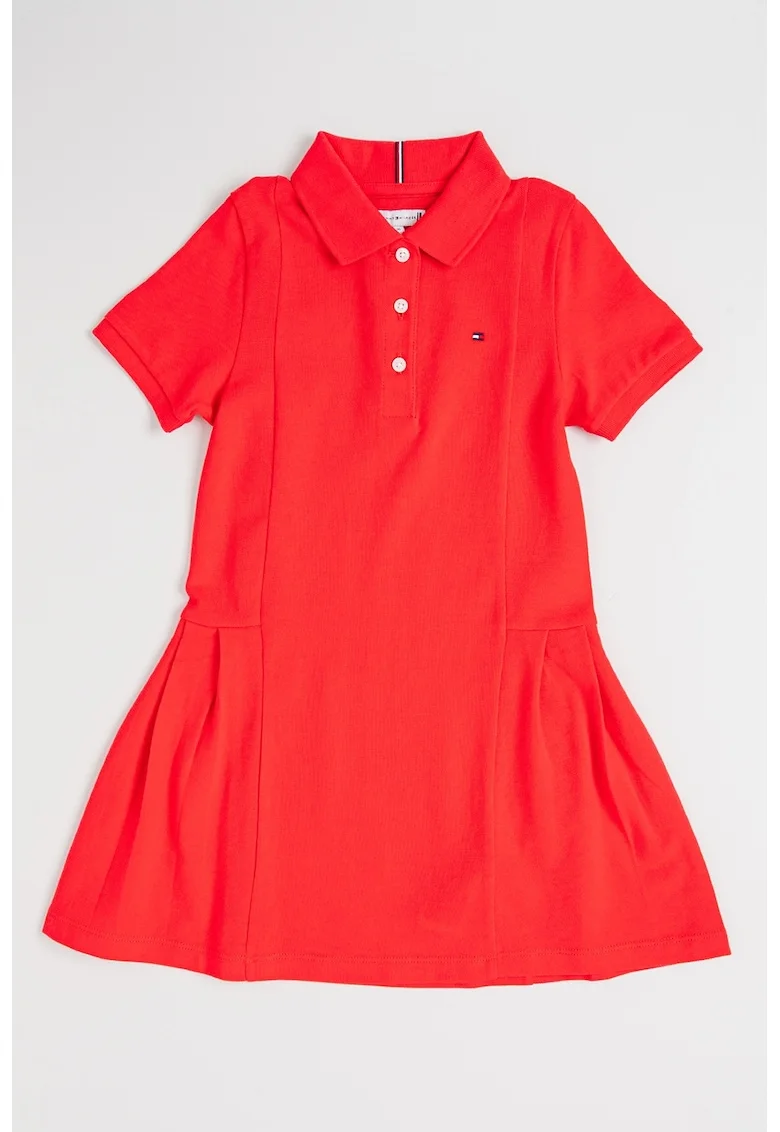 Rochie evazata cu guler polo si pliuri, Fucsia