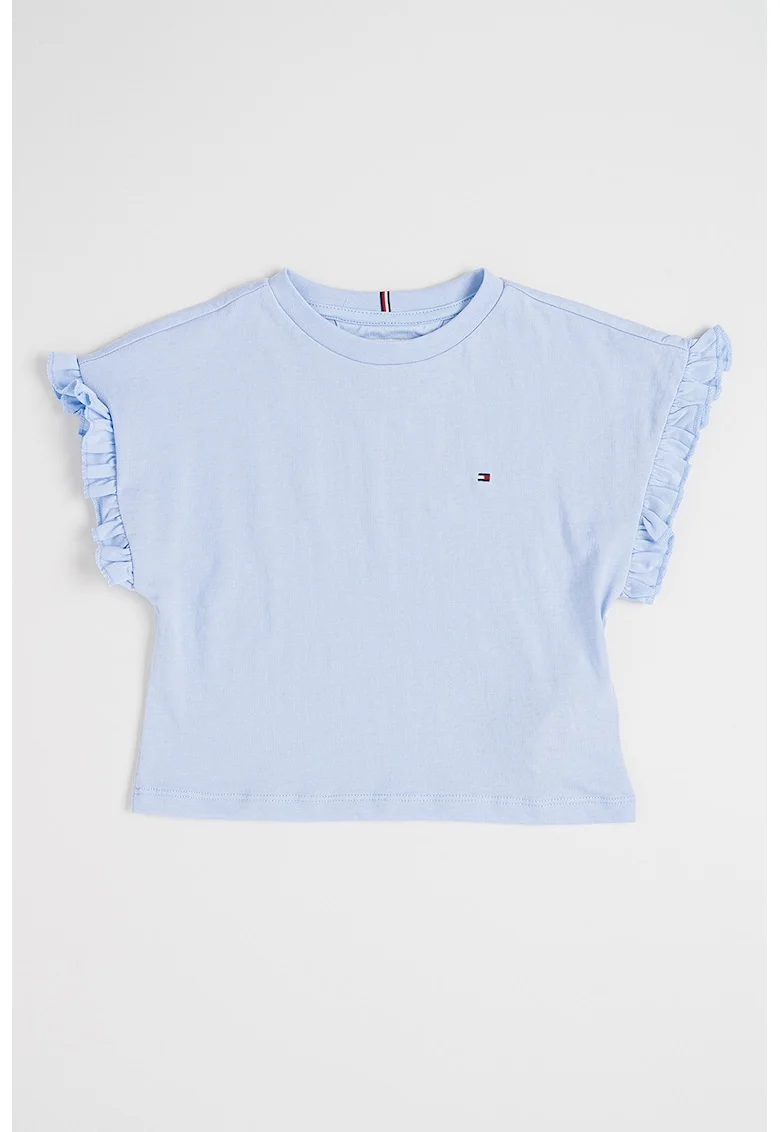Tricou cu decolteu la baza gatului si terminatii cu volane Essential, Albastru pastel