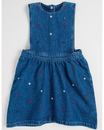 Rochie-sarafan din denim cu flori brodate, Albastru inchis