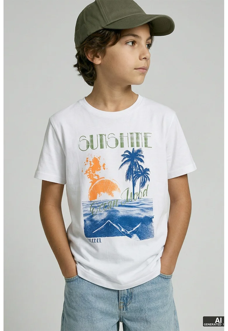 Tricou din bumbac cu imprimeu tropical, Alb/Portocaliu/Albastru