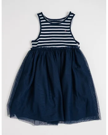 Rochie din tul cu dungi, Alb optic/Bleumarin
