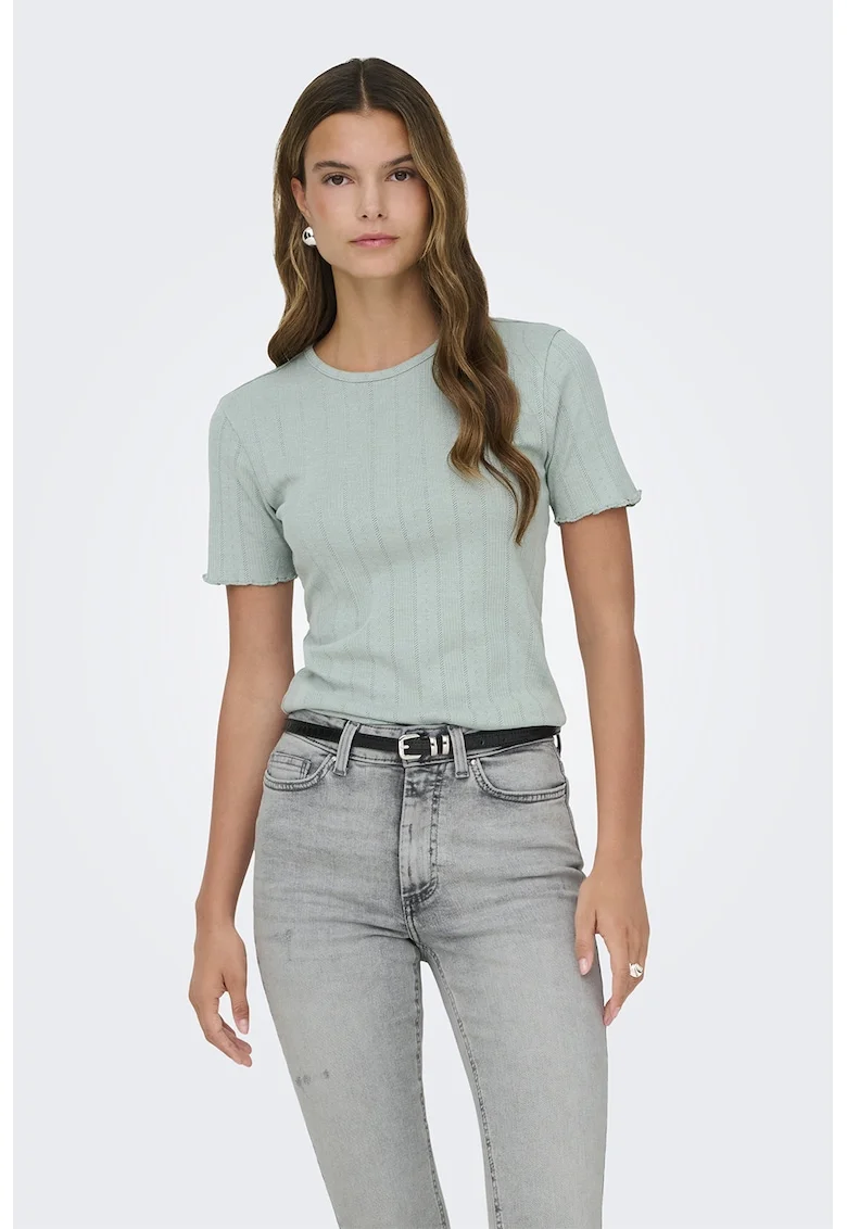 Tricou din amestec de bumbac organic cu terminatii valurite, Verde pal
