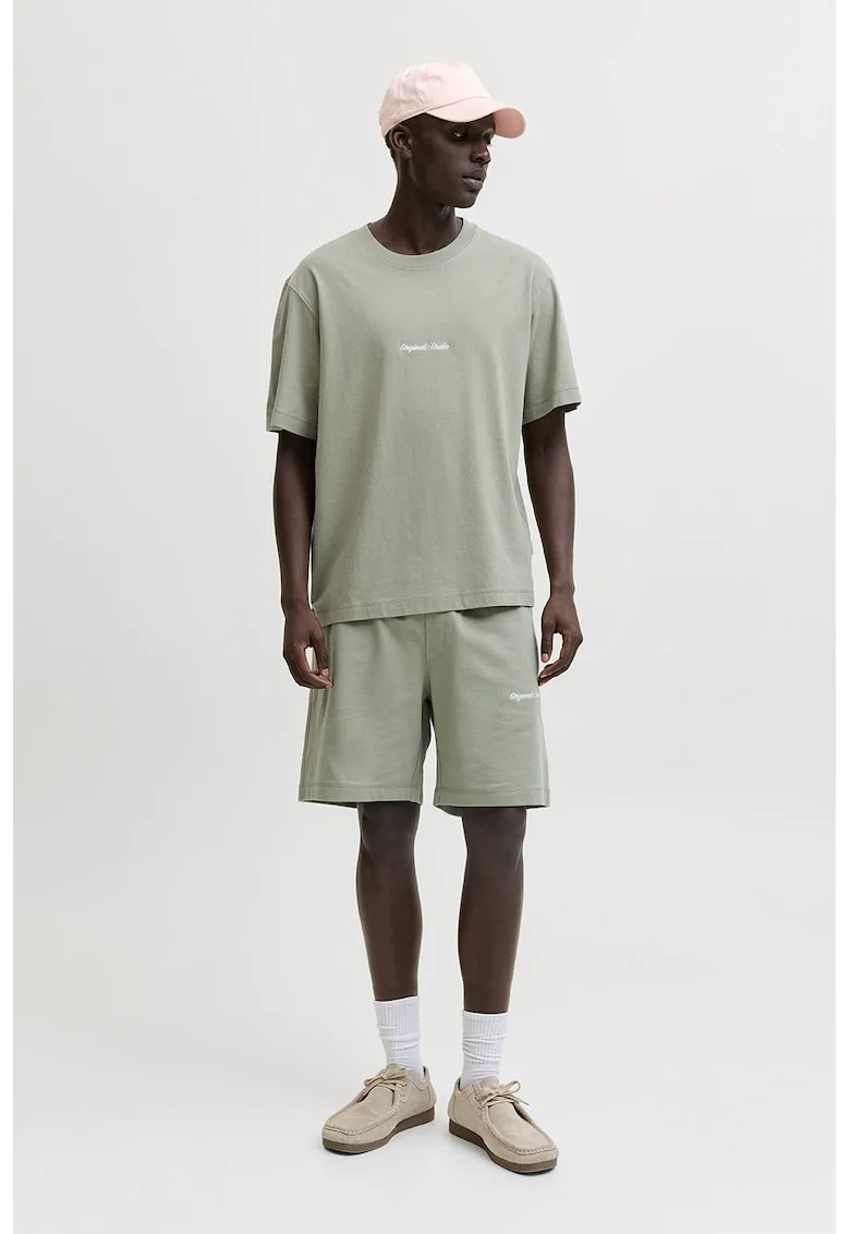 Tricou din amestec de bumbac organic cu broderie text, Verde pal