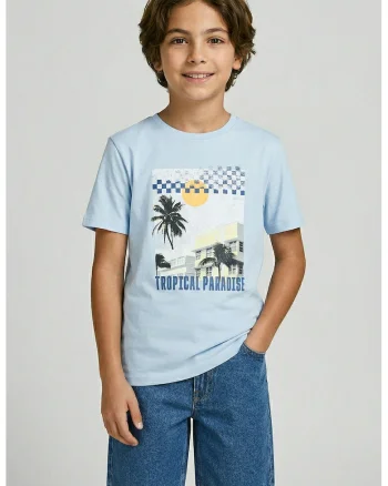 Tricou din bumbac cu imprimeu tropical, Alb murdar/Albastru deschis
