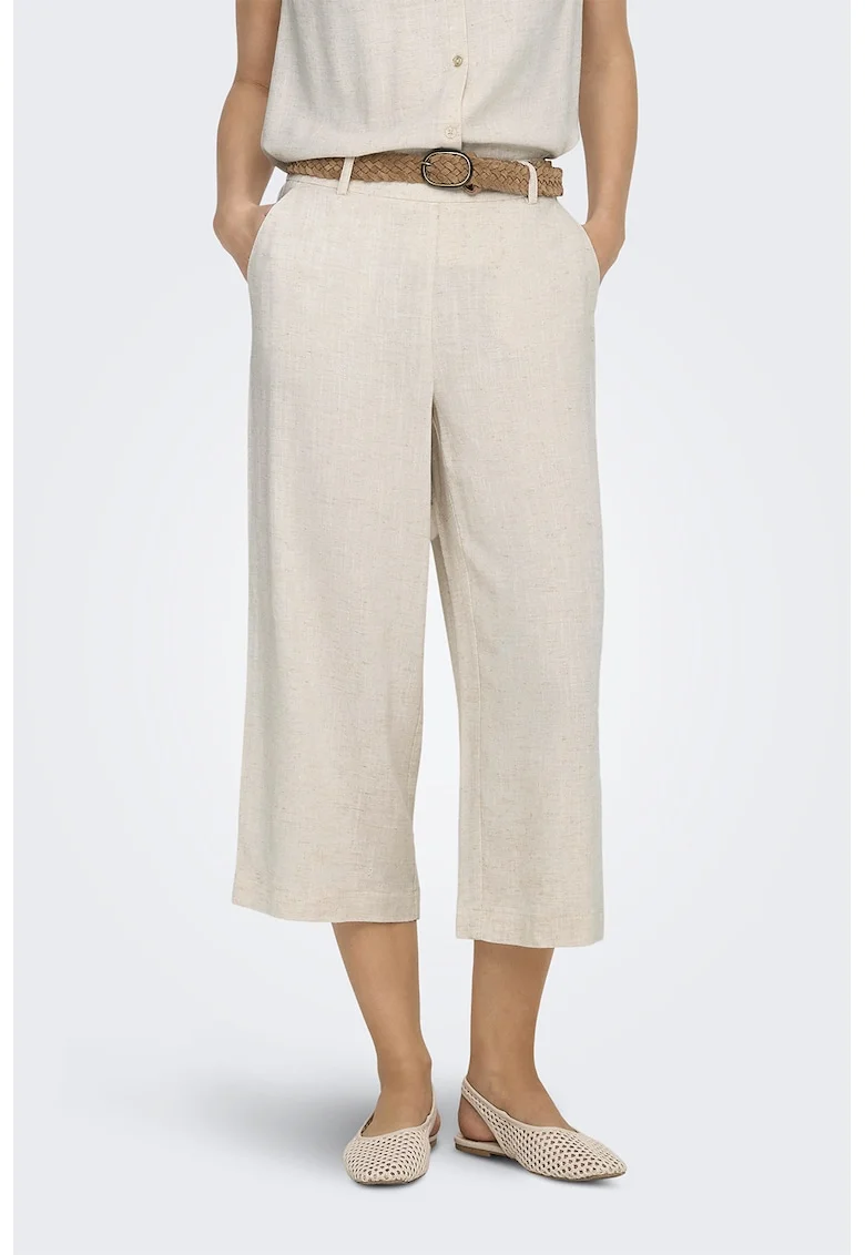 Pantaloni crop din amestec de in, Maro taupe deschis