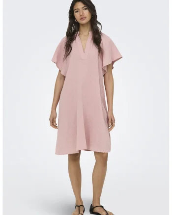 Rochie din bumbac cu maneci cu volane, Roz pal