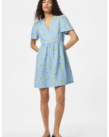 Rochie cu decolteu in V si model cu fructe, Albastru pastel