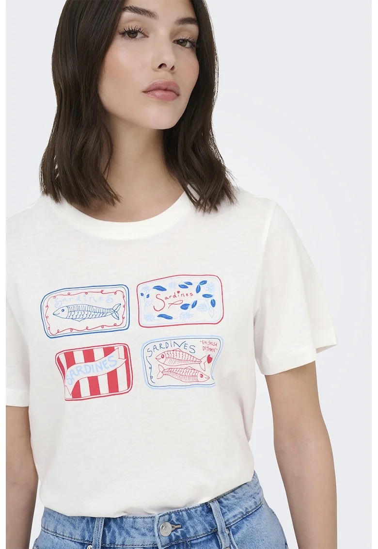 Tricou din bumbac cu decolteu la baza gatului si imprimeu, Rosu/Albastru/Crem