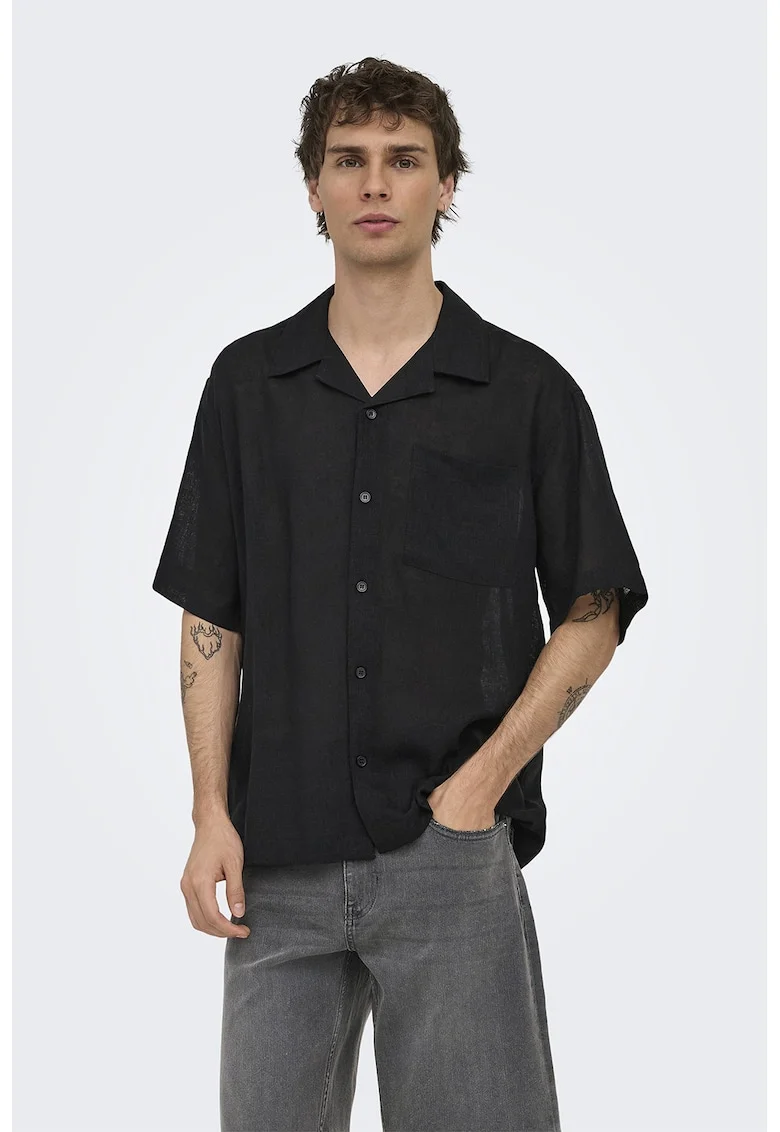 Camasa relaxed fit din amestec de in cu buzunar pe piept, Negru