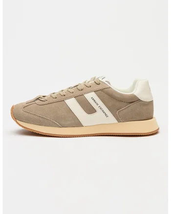 Pantofi sport din piele intoarsa cu garnituri din piele ecologica, Alb/Maro taupe deschis