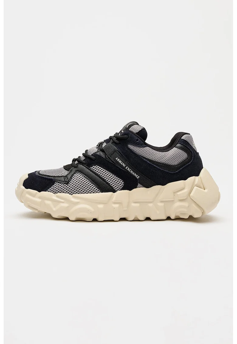 Pantofi sport cu garnituri din piele intoarsa si insertii din plasa, Albastru ultramarin/Gri cenusiu