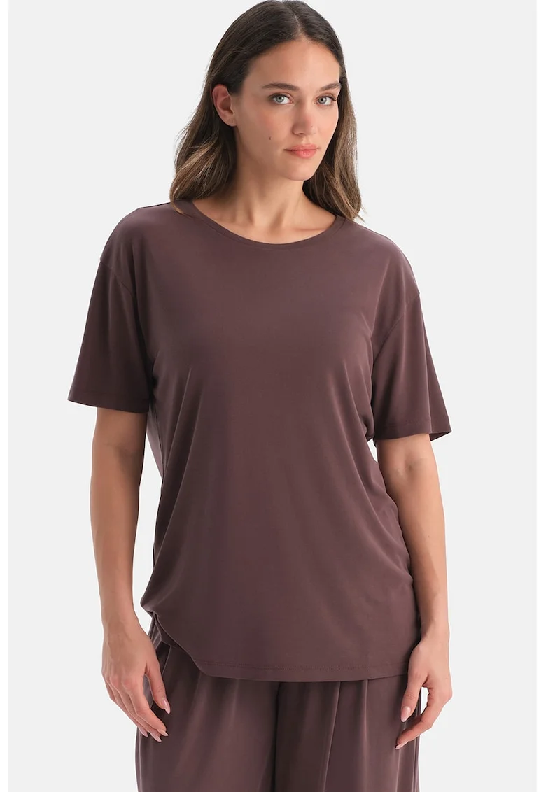 Tricou din amestec de modal cu maneci cazute, Maro pamantiu