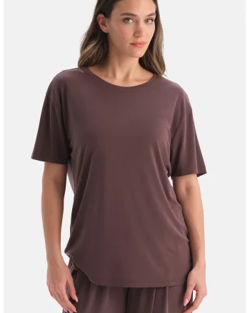 Tricou din amestec de modal cu maneci cazute, Maro pamantiu