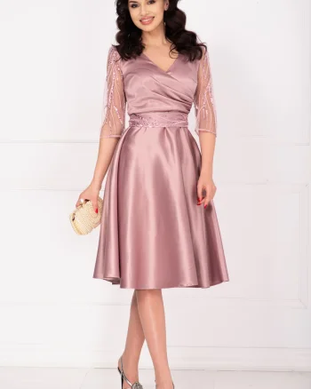 Rochie eleganta roz midi Britney in clos cu maneci din tulle