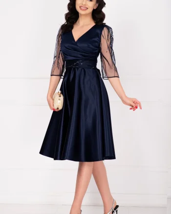 Rochie eleganta midi bleumarin Britney in clos cu maneci din tulle