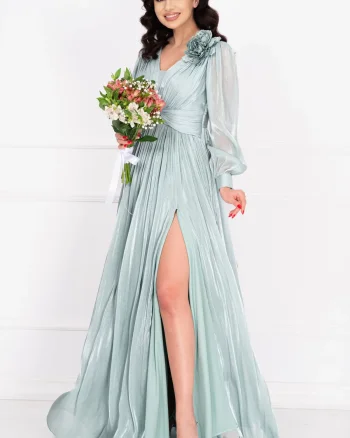 Rochie de seara eleganta Gabriella mint cu drapaje si floare 3D