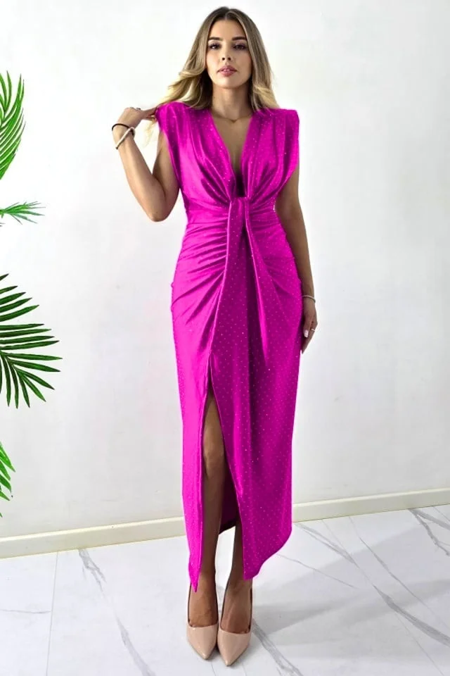 Rochie eleganta cu cristale JHOSY si decolteu adanc, Fucsia, Marime S/M