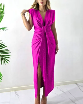 Rochie eleganta cu cristale JHOSY si decolteu adanc, Fucsia, Marime S/M