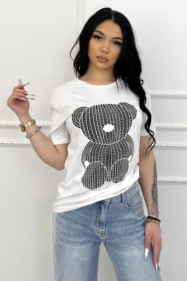 Tricou de dama din bumbac, Lumibear cu pietre si imprimeu, Alb
