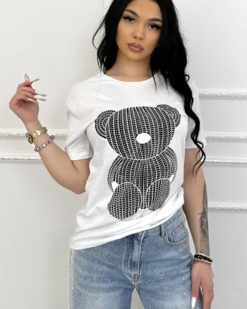 Tricou de dama din bumbac, Lumibear cu pietre si imprimeu, Alb