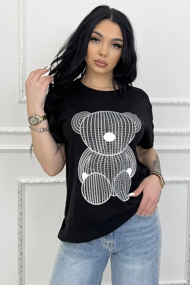 Tricou de dama din bumbac, Lumibear cu pietre si imprimeu, Negru