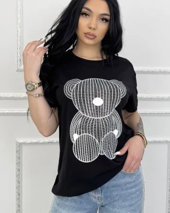 Tricou de dama din bumbac, Lumibear cu pietre si imprimeu, Negru