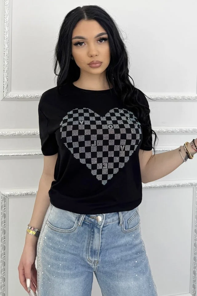 Tricou de dama din bumbac, Lumiheart cu pietre si imprimeu, Negru