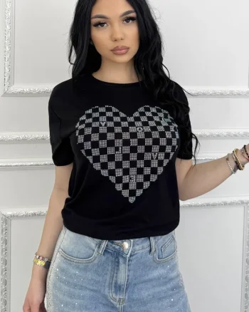 Tricou de dama din bumbac, Lumiheart cu pietre si imprimeu, Negru