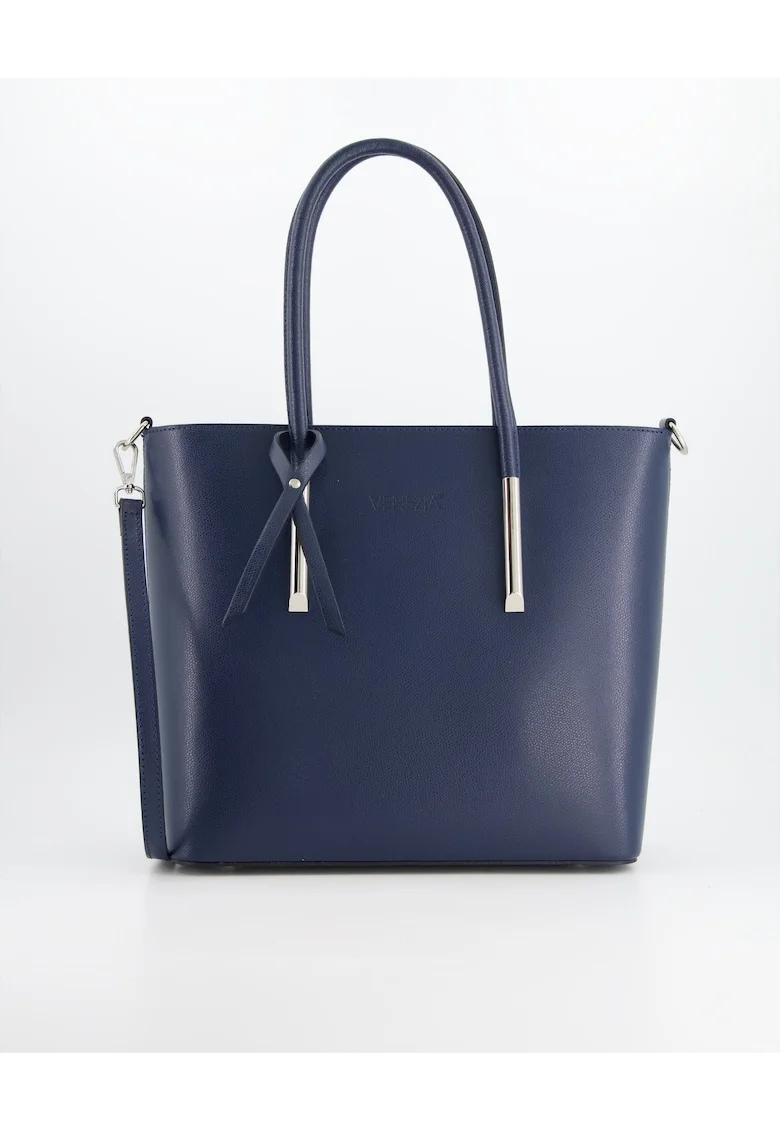Geanta shopper  piele naturala, albastru, 29x30x12cm, 3 compartimente interioare, curea detasabila 121cm