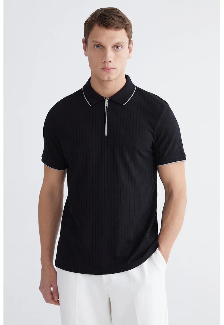Tricou polo regular fit cu fenta scurta cu fermoar, Negru
