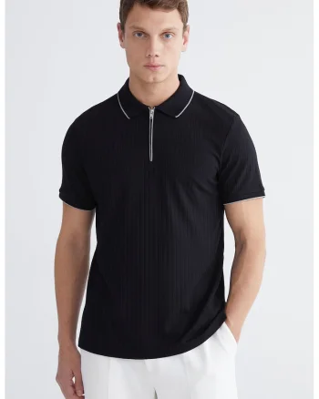 Tricou polo regular fit cu fenta scurta cu fermoar, Negru