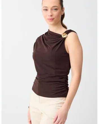 Bluza drapata cu detaliu metalic, Maro inchis