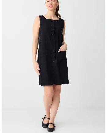 Rochie din amestec de in cu buzunare, Negru