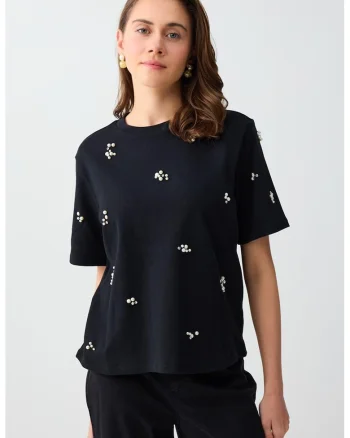 Tricou din bumbac cu aplicatii decorative, Negru