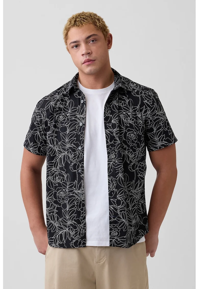 Camasa cu maneci scurte si model floral, Alb/Negru